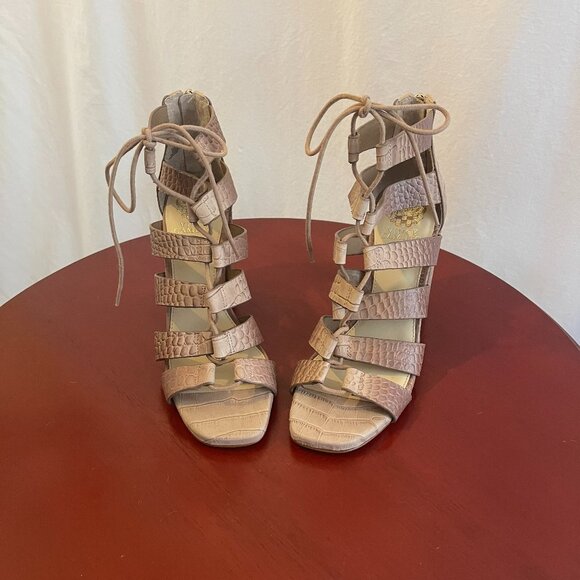 NEW VINCE CAMUTO LACE-UP PEEP-TOE ANKLE HEEL/BOOTIE OMBRE ROSE GOLD/TAN 9.5 - Picture 4 of 10